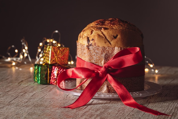 Homemade Christmas Even Bread on Blurry Background Copy Space