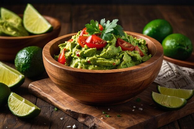 Foto guacamole fatto in casa in una ciotola di legno