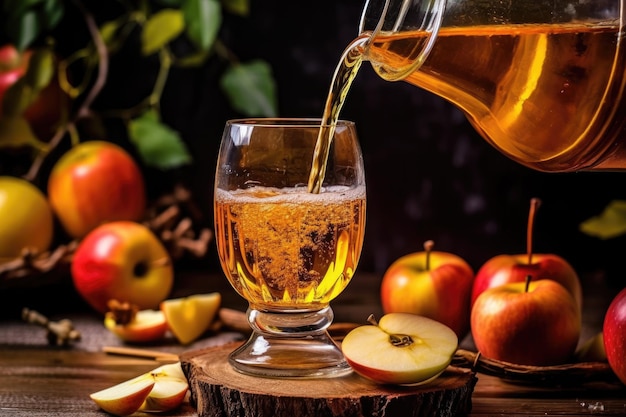 Homemade cider pouring into glass with apple slices garnish created with generative ai