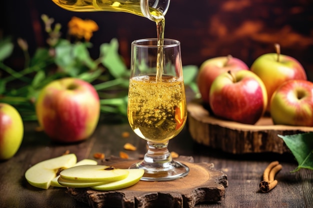 Homemade cider pouring into glass with apple slices garnish created with generative ai