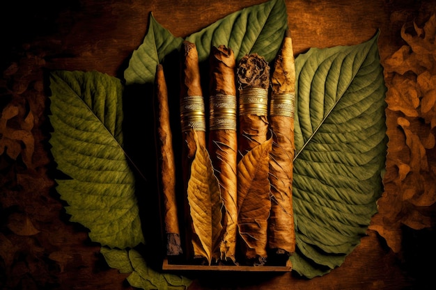 Homemade cigars lie on dried green tobacco leaves