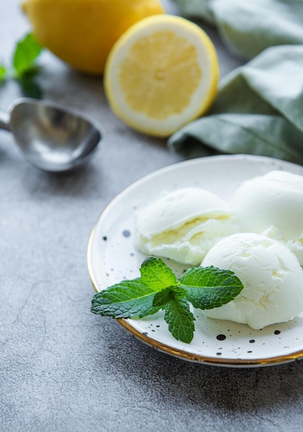 Homemade citrus lemon ice cream with mint