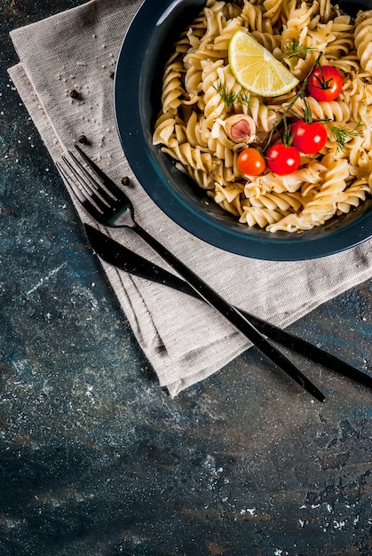 Homemade classic italian pasta fusilli with vegetables