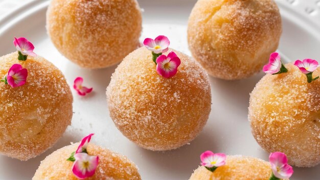 Homemade coconut balls decorated with little pink flowers