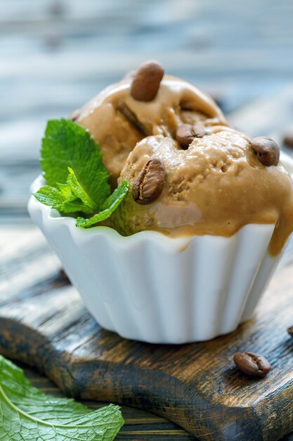 Homemade coffee ice cream with coffee beans