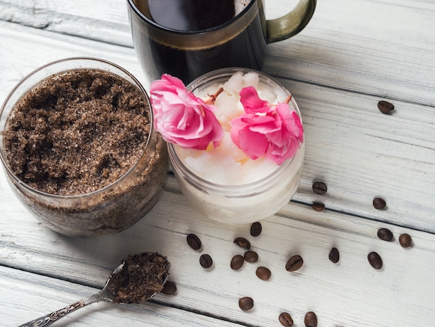 Homemade coffee scrub with sugar and coconut oil