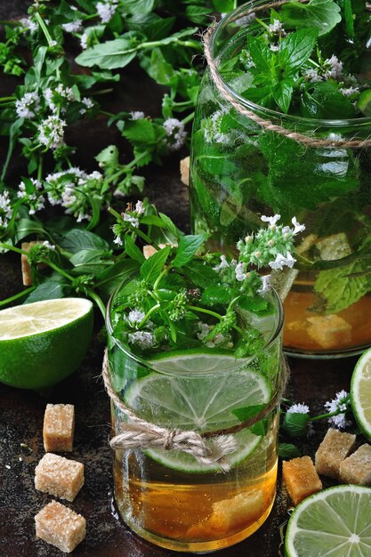 Mojito freddo fatto in casa. foglie di menta, lime, zucchero di canna