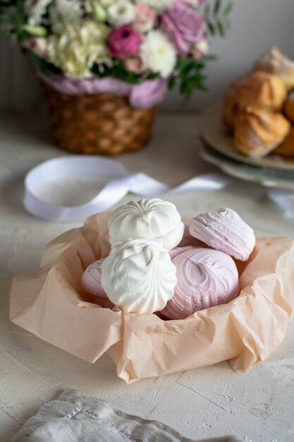 Homemade colored marshmallow in a basket