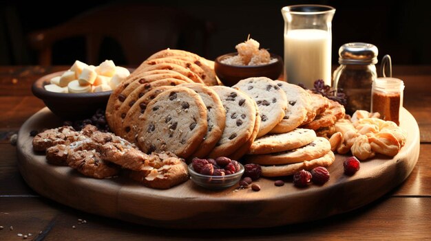 Homemade cookie and bread in a wooden plate on a table