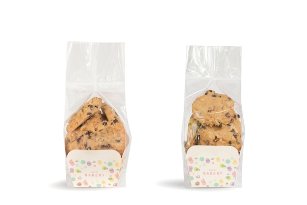 Photo homemade cookie in plastic bag package isolated on white.