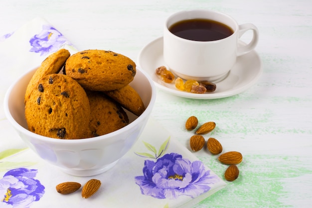 Homemade cookies, almond and tea