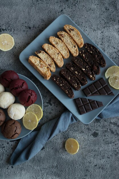 Homemade cookies are on the table, top view