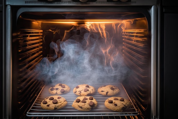 Homemade cookies on baking tray in oven on fire