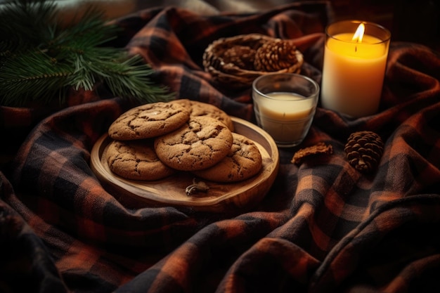 Homemade cookies on a plate with a warm blanket