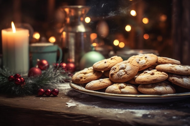 クリスマス夜の田舎風の背景で自作のクッキー