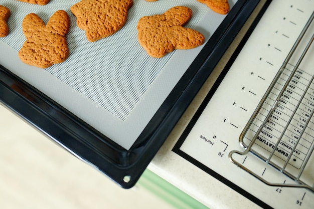 Homemade cookies on a silicone baking mat on a baking sheet Top view copy space