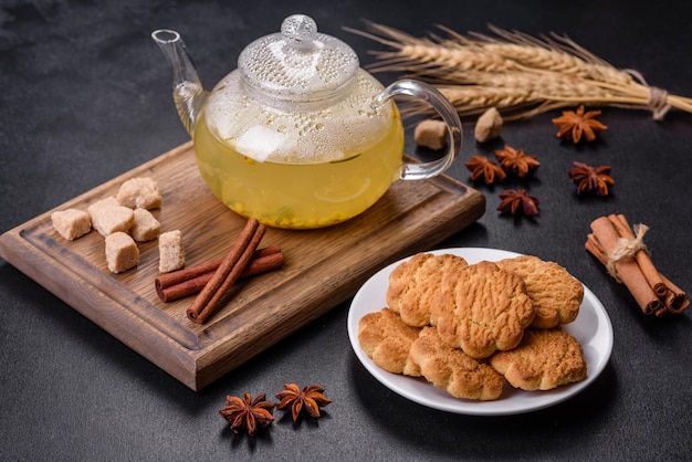 Homemade corn cookies on a dark concrete background Copy space