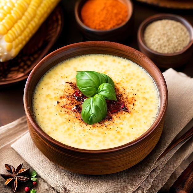 Домашний кукурузный крем-суп со специями и базиликом в миске на столе, вертикальный вид