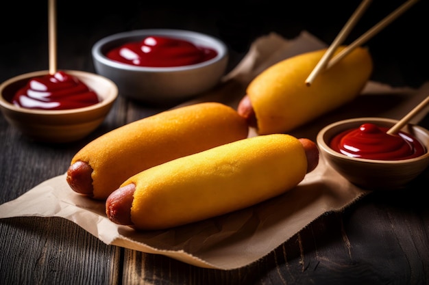 Photo homemade corn dogs sausage snack mustard fast food generate ai