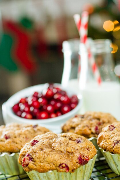 Homemade cranberry muffins baked for Christmas breakfast.