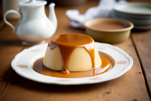 Homemade creamy condensed milk pudding topped with caramel sauce on white plate over rustic wooden table AI generated