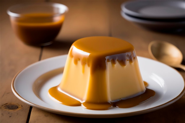 Homemade creamy condensed milk pudding topped with caramel sauce on white plate over rustic wooden table AI generated