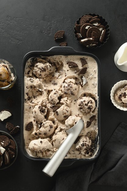 Homemade creamy and cookies ice cream in container tasty clean eating dessert sugar free