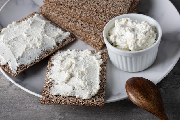 Homemade crispbread toast with cottage cheese