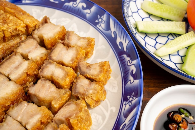 Homemade Crispy Pork Belly or Deep Fried Pork cut in pieces made by using Air Fryer