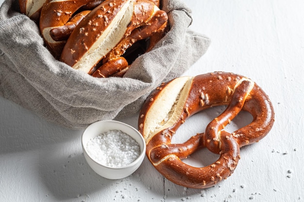 Homemade and crispy pretzels as a snack for beer