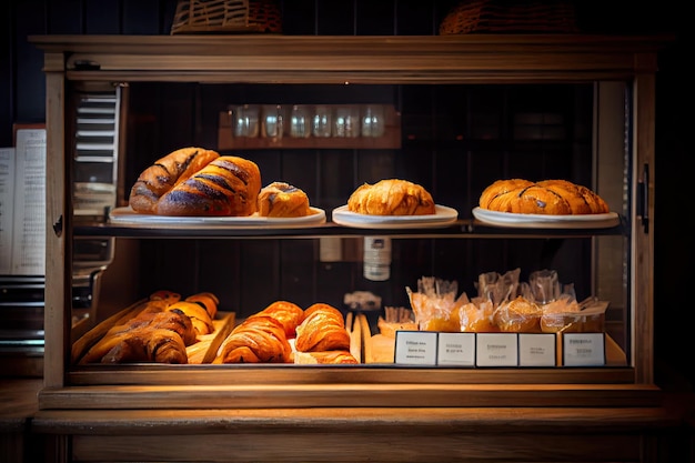 Homemade croissants and brioche in bakery counter at breakfast time