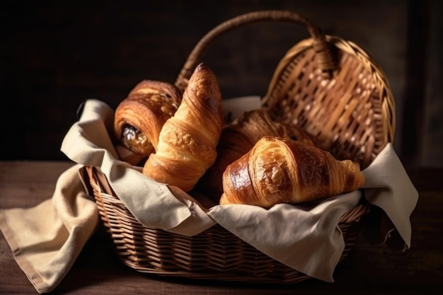 Homemade croissants and pastries in basket ready to be served created with generative ai