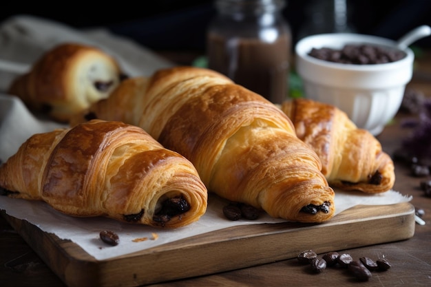 Homemade croissants with chocolate or fruit fillings created with generative ai