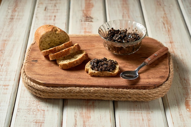 Homemade crostini with traditional tapenade