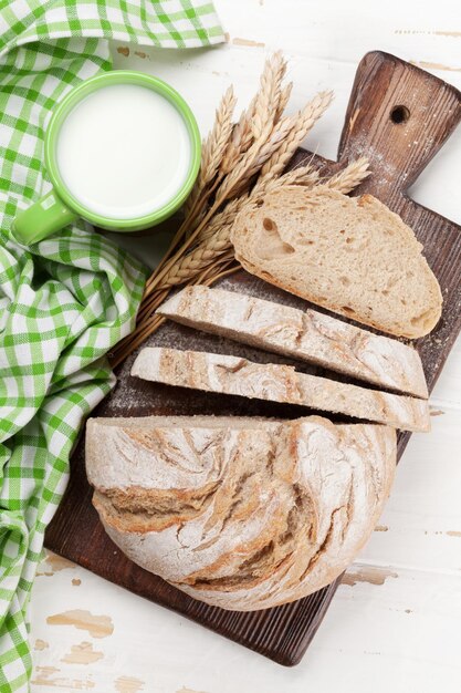 Homemade crusty bread and milk