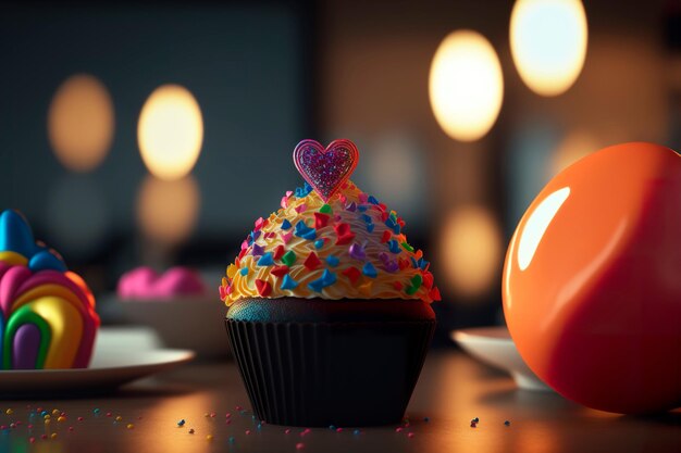 Homemade cupcake beautiful Happy Birthday Cake or muffin with cream icing frosting bright colored sprinkles candy