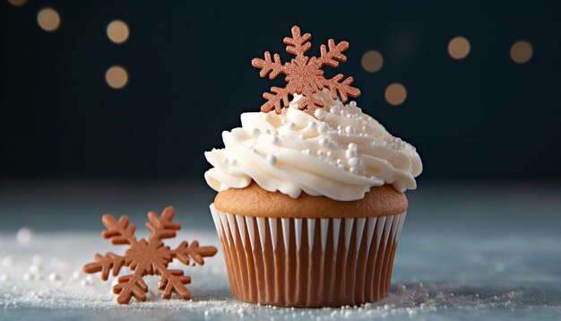 Photo homemade cupcake with chocolate icing and snowflake decoration generated by ai