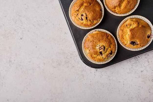 Homemade cupcakes in baking form on gray wooden background top view copy space