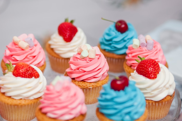 Homemade cupcakes with cheese cream on top