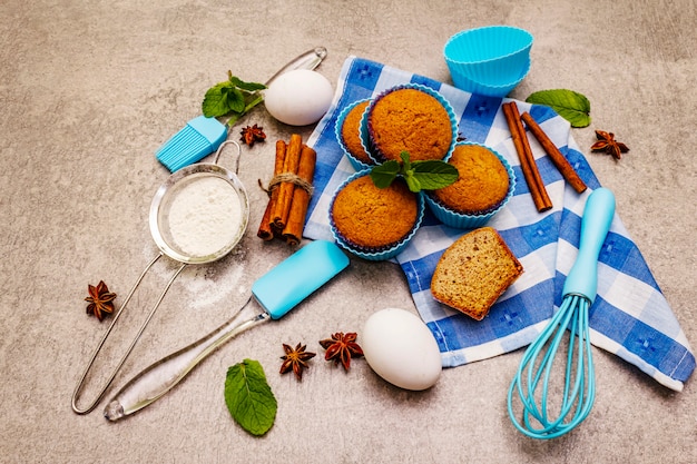 Homemade cupcakes with cinnamon star anise and fresh mint