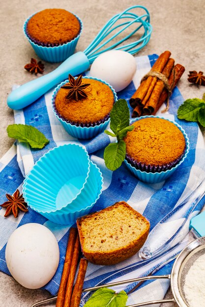 Homemade cupcakes with cinnamon star anise and fresh mint