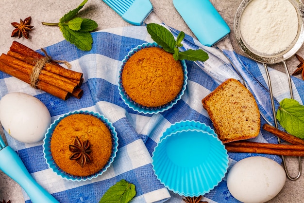 Homemade cupcakes with cinnamon star anise and fresh mint