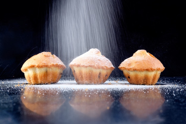 Homemade cupcakes with sugar powder and raisins