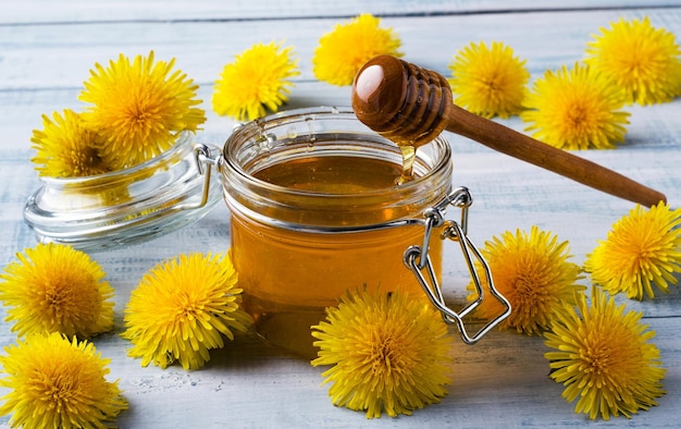 Homemade dandelion honey in glass jar