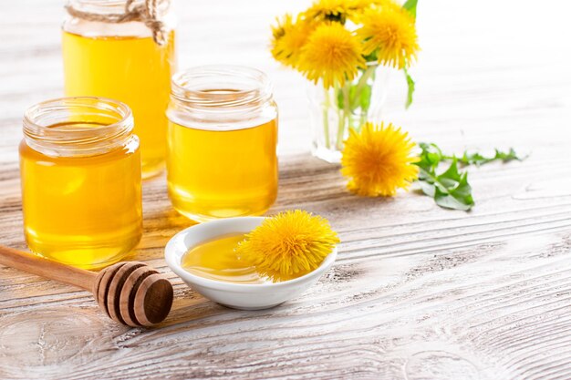 Homemade dandelion honey or syrup in glass jar. Concept of natural, countryside, organic and healthy product