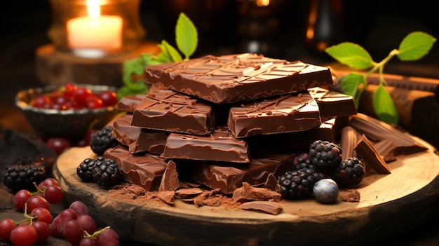 Homemade dark chocolate dessert on rustic wood table