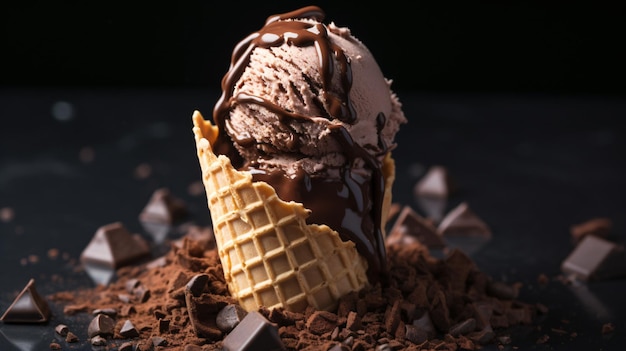 Homemade dark chocolate ice cream cone