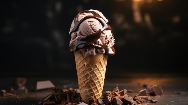 Homemade dark chocolate ice cream cone