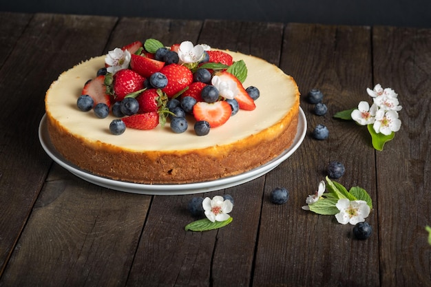 Deliziosa cheesecake fatta in casa con frutti di bosco freschi mirtillo fragola per il compleanno di una ragazza