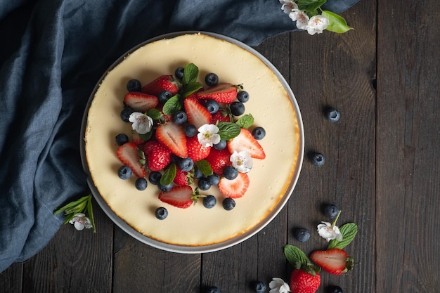 Homemade delicious cheesecake with fresh berries strawberry blueberry for a girl's birthday